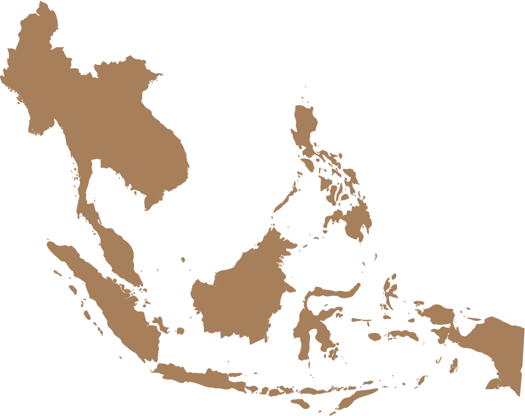 Stylized map of Malaysia and the ASEAN region in beige on a dark green background, symbolizing expansion in Southeast Asia.
