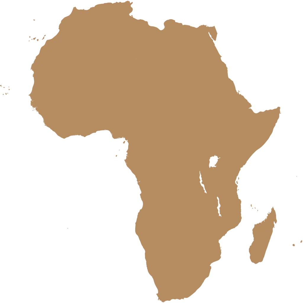 Stylized map of Africa in beige on a dark green background, symbolizing expansion across the African continent.