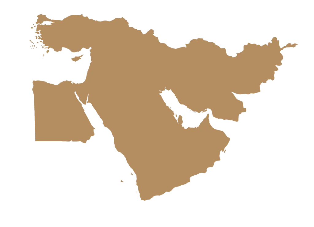 Stylized map of the Middle East in beige on a dark green background, symbolizing geographic expansion.