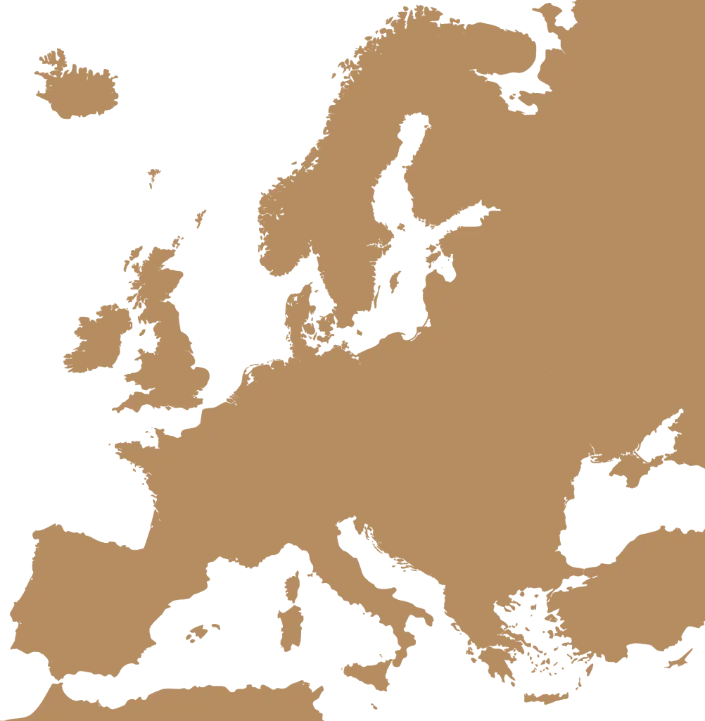 Stylized map of Europe in beige on a dark green background, symbolizing expansion across the European continent.