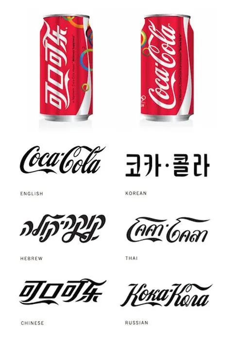 Adaptation of the Coca-Cola logo into different languages (English, Korean, Hebrew, Thai, Chinese, Russian) for international expansion.