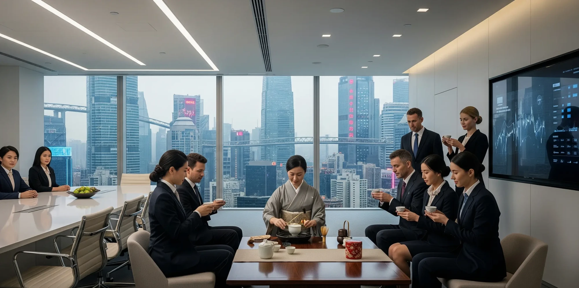 Traditional Asian tea ceremony in a modern boardroom with city view, illustrating business diplomacy and cultural integration, with all participants modestly dressed.