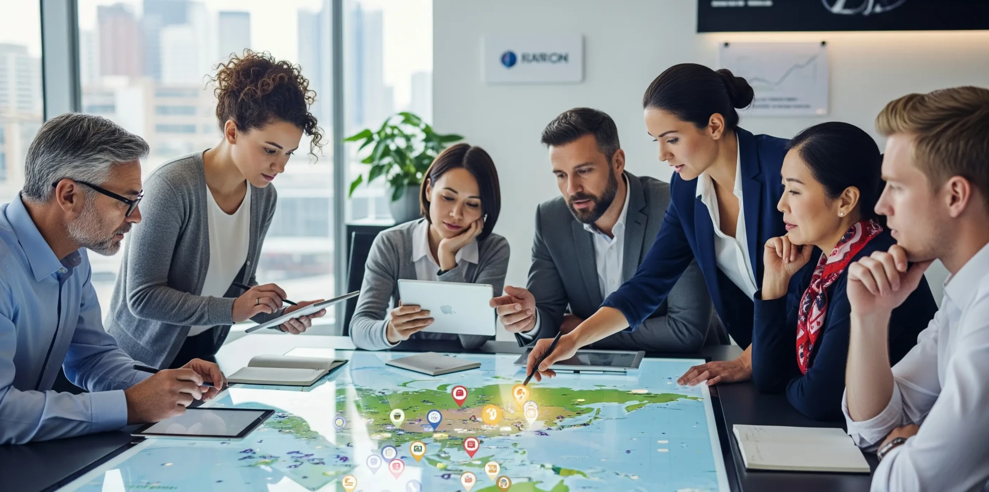 Team of professionals planning international market entry strategies around a world map.