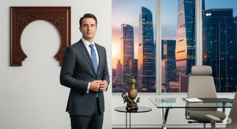 Export Financing Assistance: Businessman in a suit, posing in front of a city skyline window and a traditional wooden architectural element, symbolizing the fusion of local and global.