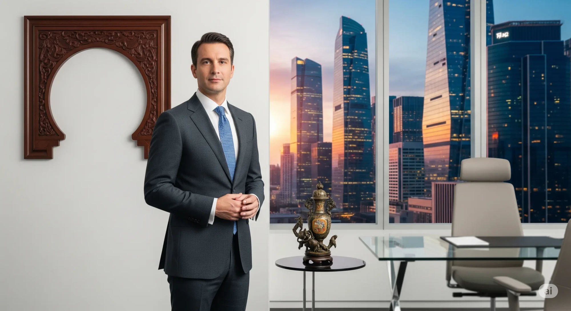 Homme d'affaires en costume, posant devant une fenêtre avec skyline urbaine et un élément architectural traditionnel en bois, symbolisant la fusion du local et du global.