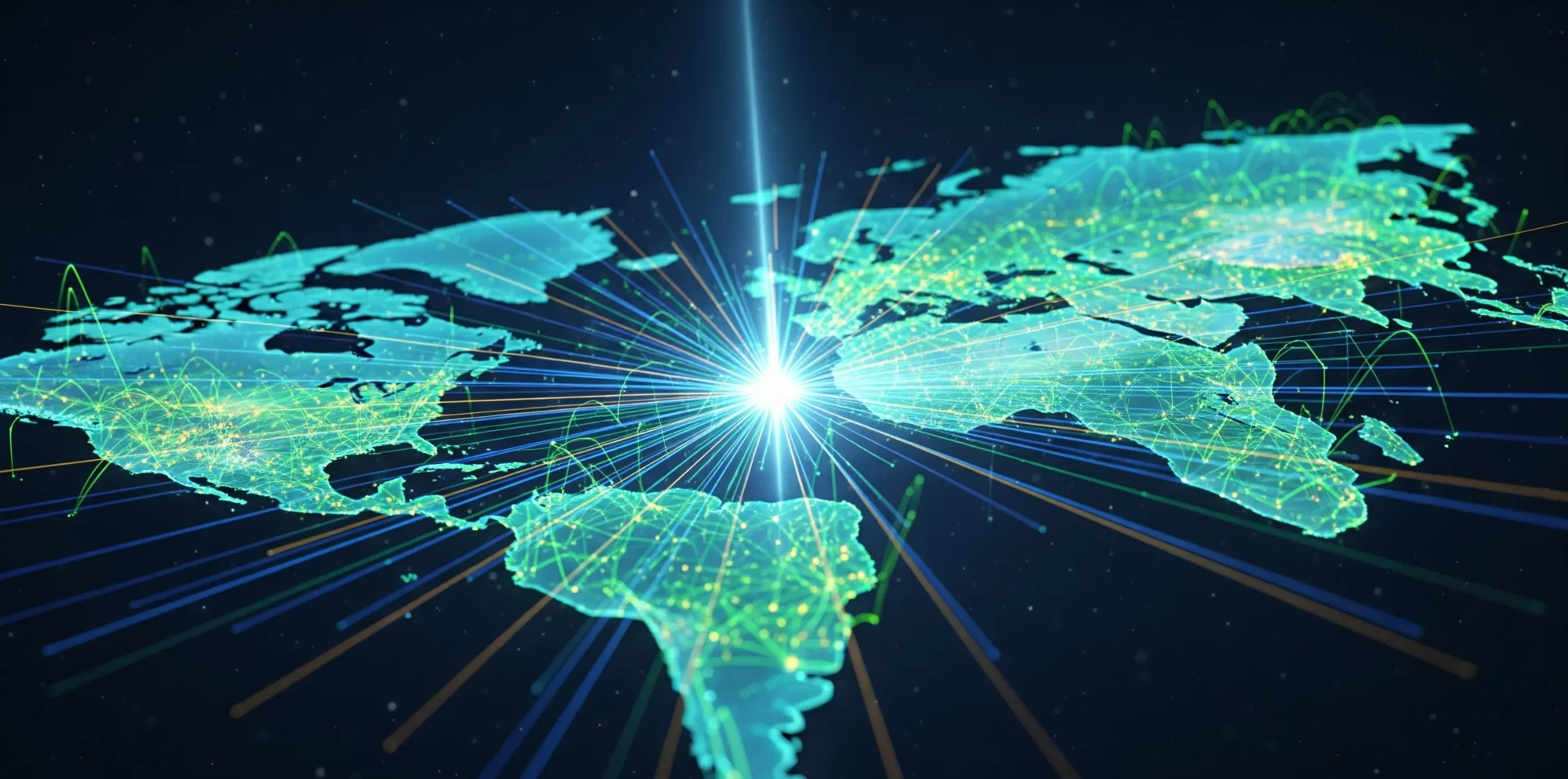 Stylized Earth map with a luminous network of points and lines, symbolizing the global interconnection of Foreign Direct Investment (FDI) flows.