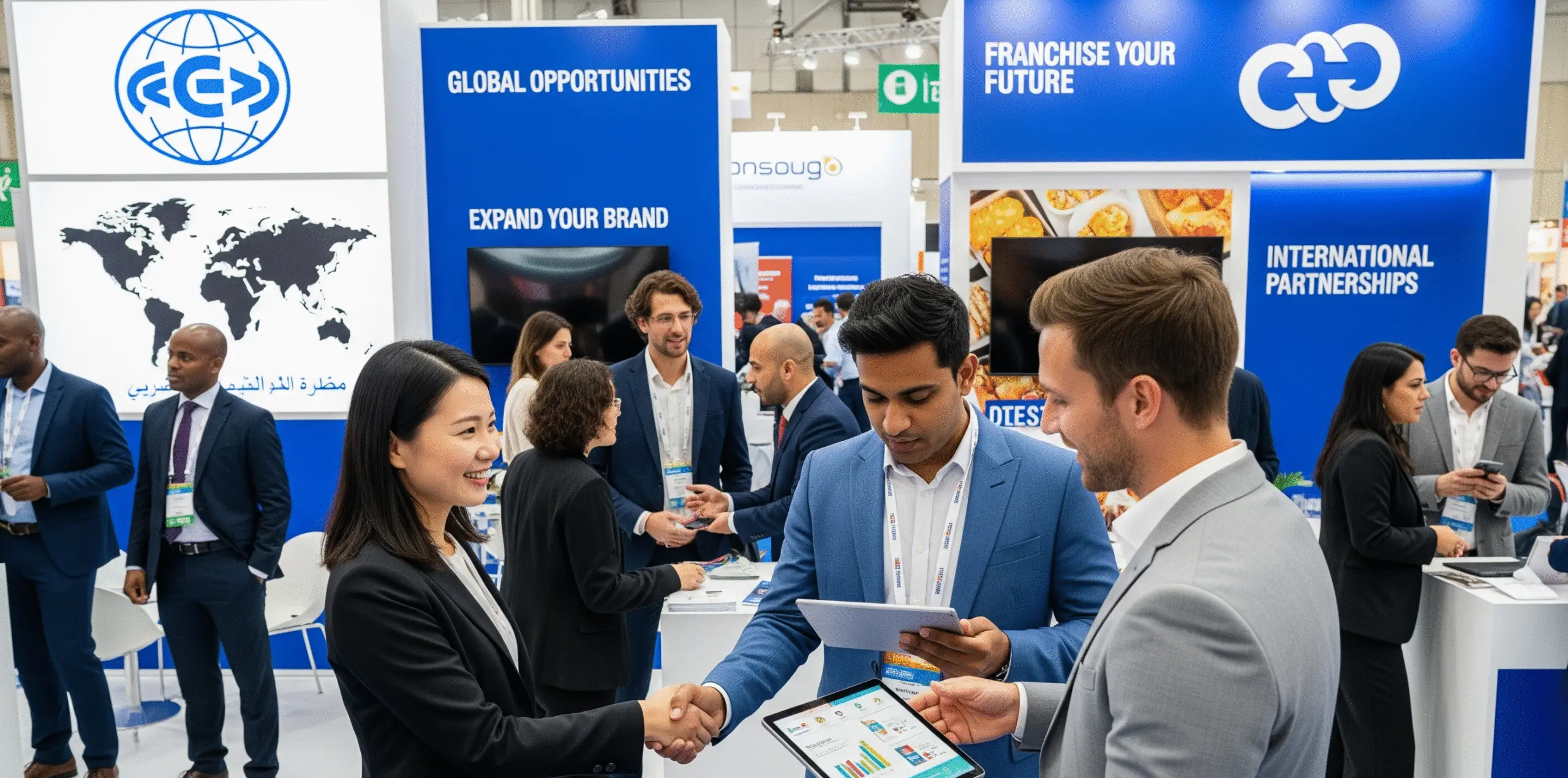 Professionals networking at an international business exhibition, discussing global opportunities and franchise expansion. Represents international partnerships and strategic growth.