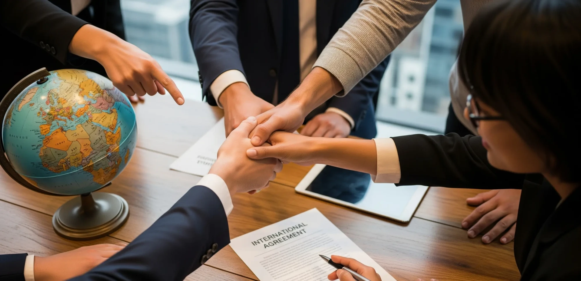Business professionals' hands collaborating around a globe and an international agreement document, symbolizing a successful international joint venture and global partnership.