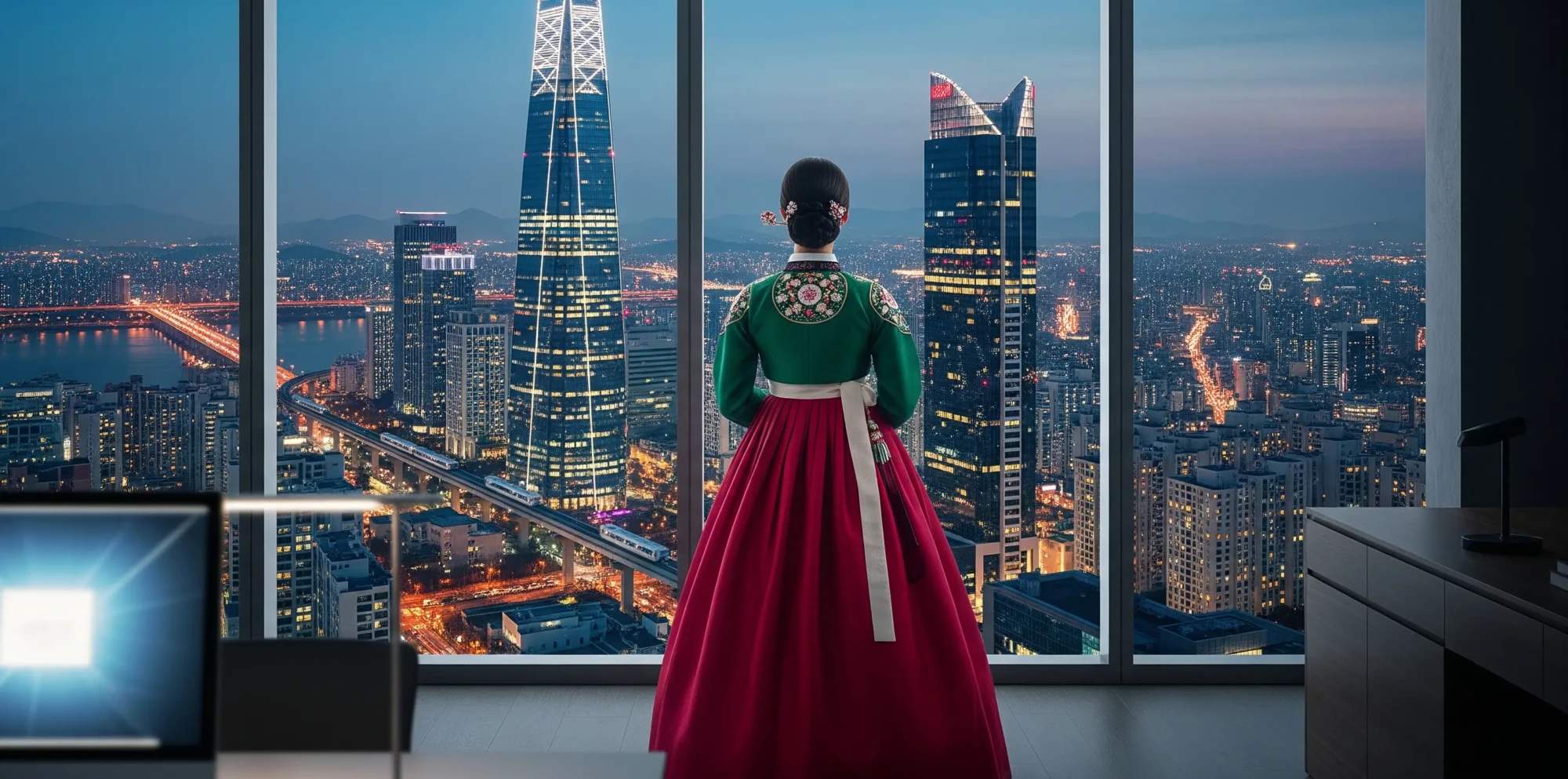 Businesswoman in traditional Korean hanbok in a modern office, looking out over the futuristic city of Seoul, symbolizing the contrast between tradition and modernity.