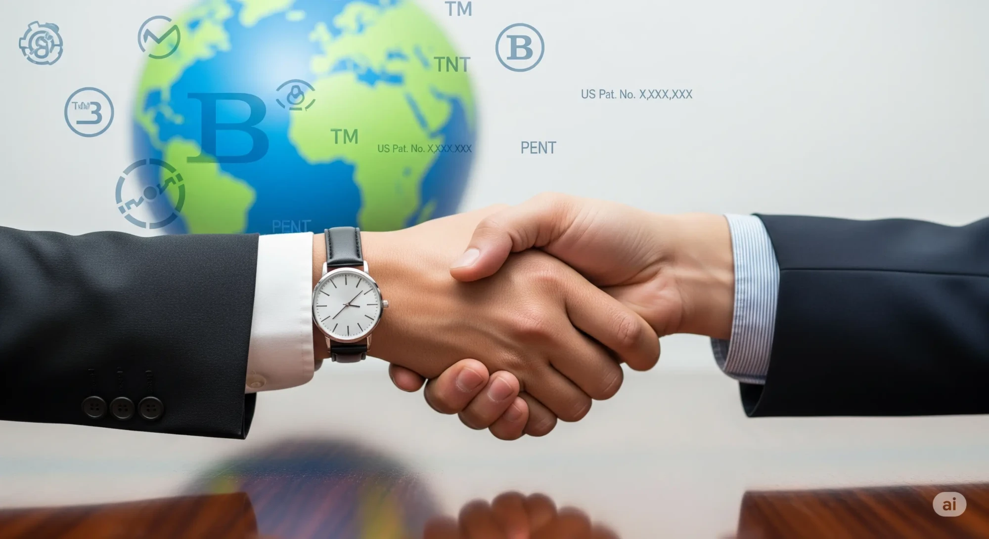 International licensing agreement symbolized by a professional handshake over a globe and intellectual property icons.