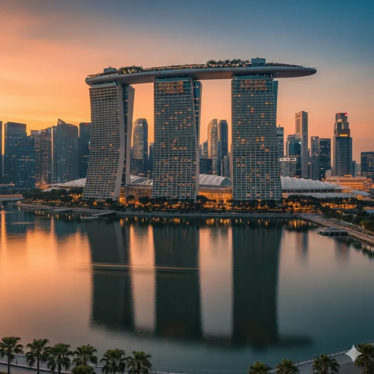 Marina Bay Sands à Singapour au crépuscule, symbolisant l'expertise One Ace en structuration de holdings et expansion Asie-Pacifique