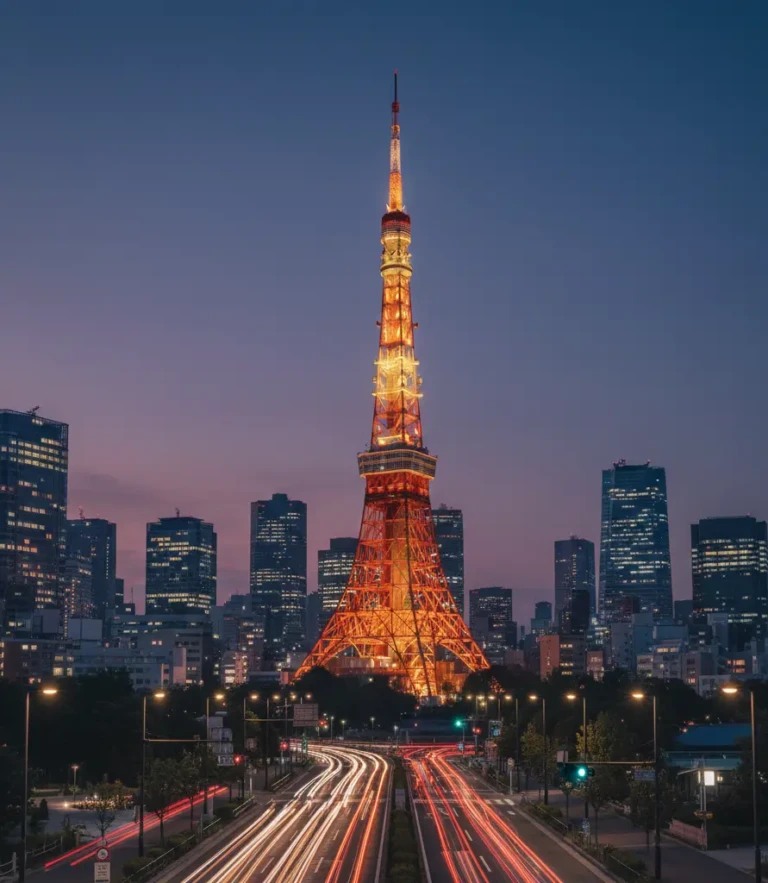 Tokyo Tower illuminée au crépuscule symbolisant l'expertise One Ace sur les marchés japonais premium nécessitant adaptation culturelle approfondie